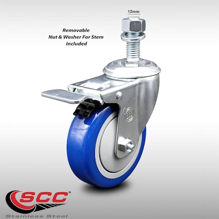 Service Caster 4 Inch SS Blue Polyurethane 12mm Threaded Stem Caster with Total Lock Brake SCC-SSTSTTL20S414-PPUB-BLUE-M1215